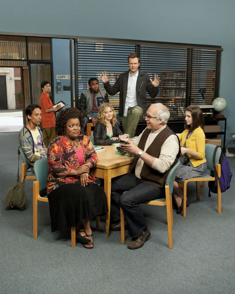 The cast of Community, from left: Ken Jeong, Donald Glover, Joel McHale, Danny Pudi, Gillian Jacobs, Alison Brie, Yvette Nicole Brown, Chevy Chase.