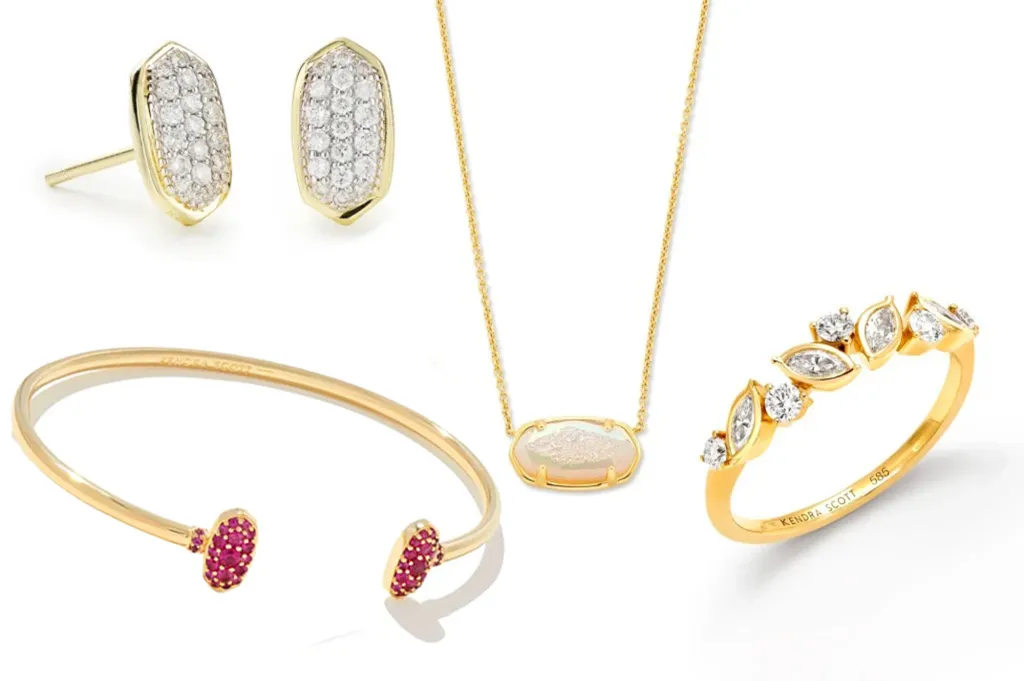 Gold and diamond earrings, pendant gold necklace, diamond ring, and ruby and gold cuff bracelet