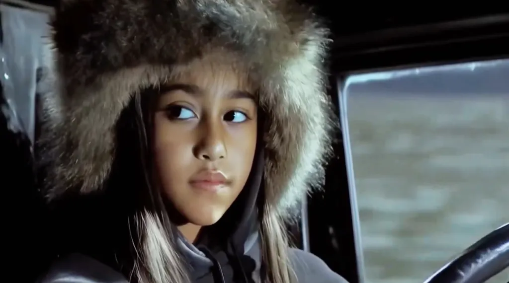 North West wearing a fur hat, sitting in a car.