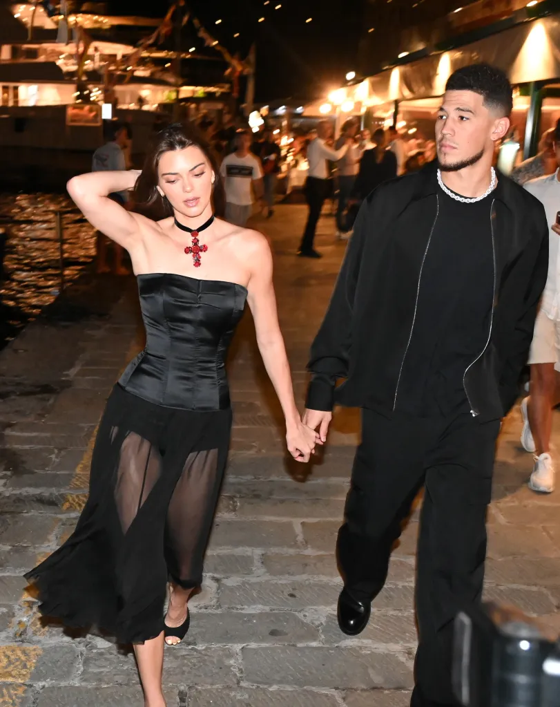 Kendall Jenner and Devin Booker holding hands while walking in Portofino at night.