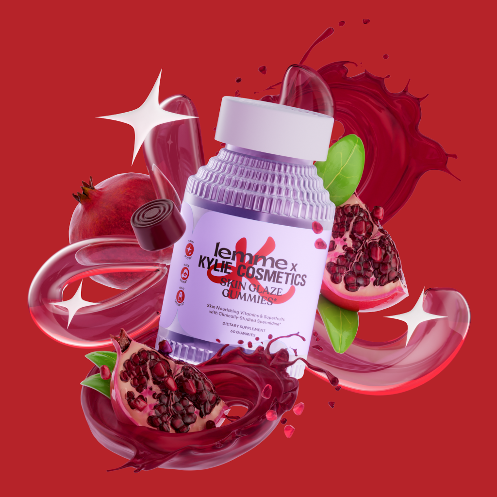 Illustration of Lemme x Kylie Cosmetics Skin Glaze Gummies surrounded by pomegranates, swirls of juice, and glowing elements on a red background.