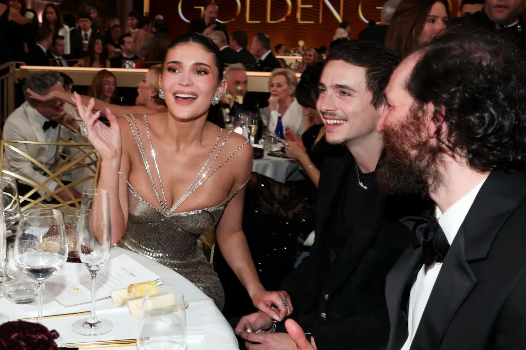Kylie Jenner and Timothée Chalamet laughing at the Golden Globes.