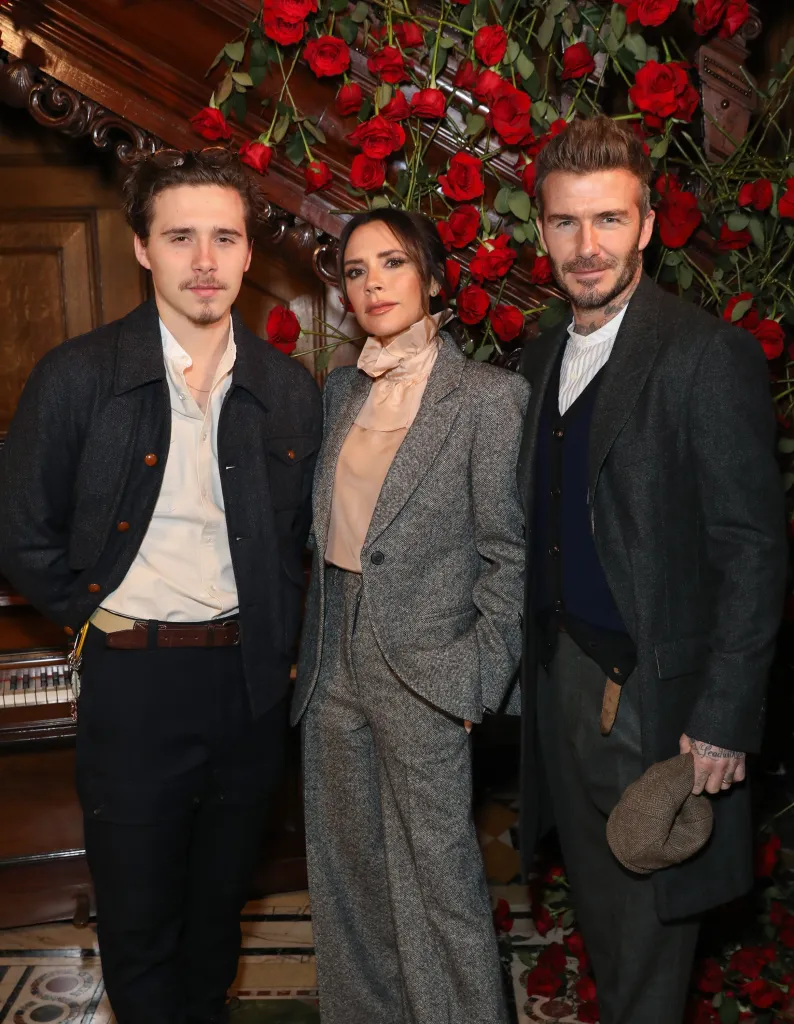 Brooklyn, Victoria, and David Beckham at the Kent & Curwen presentation during London Fashion Week Men's.
