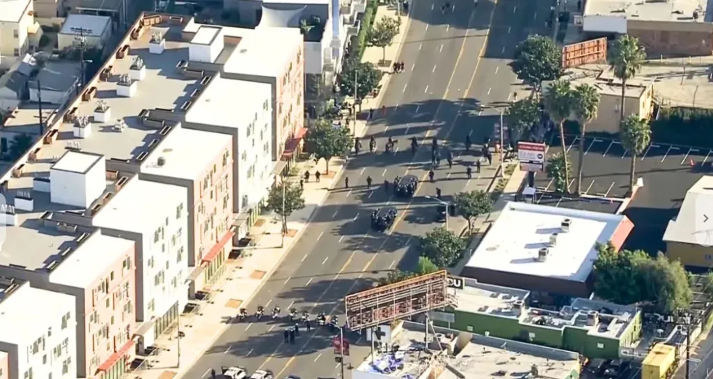 Aerial view of LA Police at the MLK parade in Leimert Park.