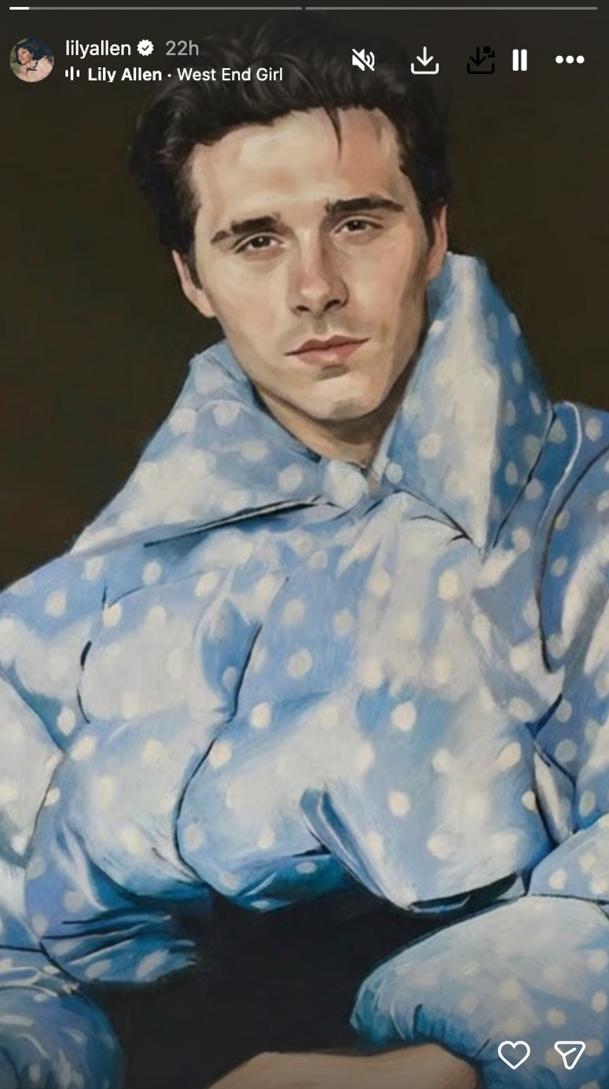 Illustration of Brooklyn Beckham in a blue polka-dotted jacket.