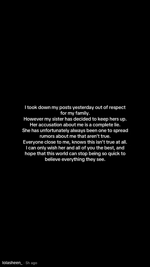 Lola Sheen's statement on Instagram about removing posts and her sister spreading rumors.