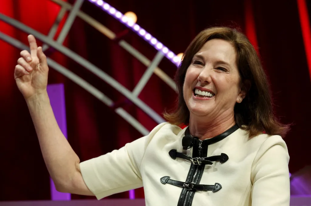Kathleen Kennedy, President of Lucasfilm, laughs as she speaks at the Fortune Most Powerful Women Summit.
