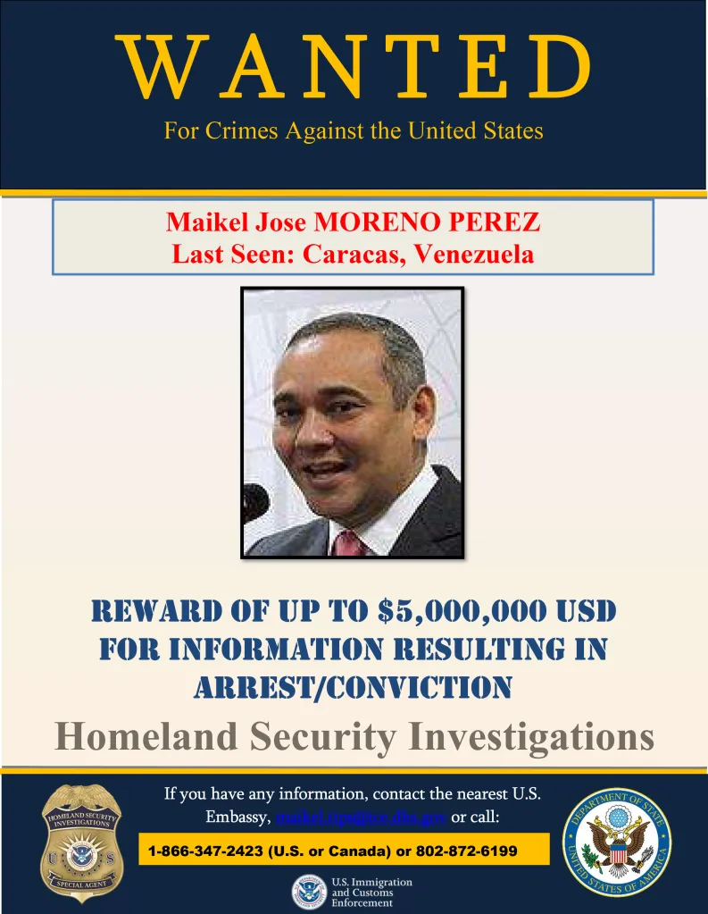 Wanted poster for Maikel Jose Moreno Perez, offering a $5,000,000 reward for information leading to his arrest.