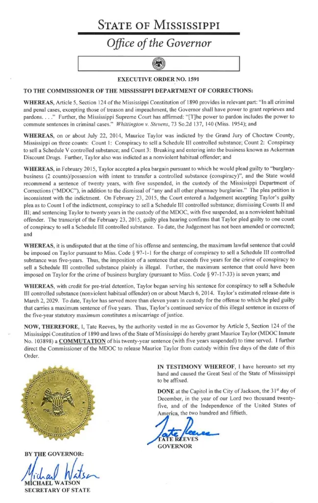 Gov. Tate Reeves signed the executive order on December 31, 2025.