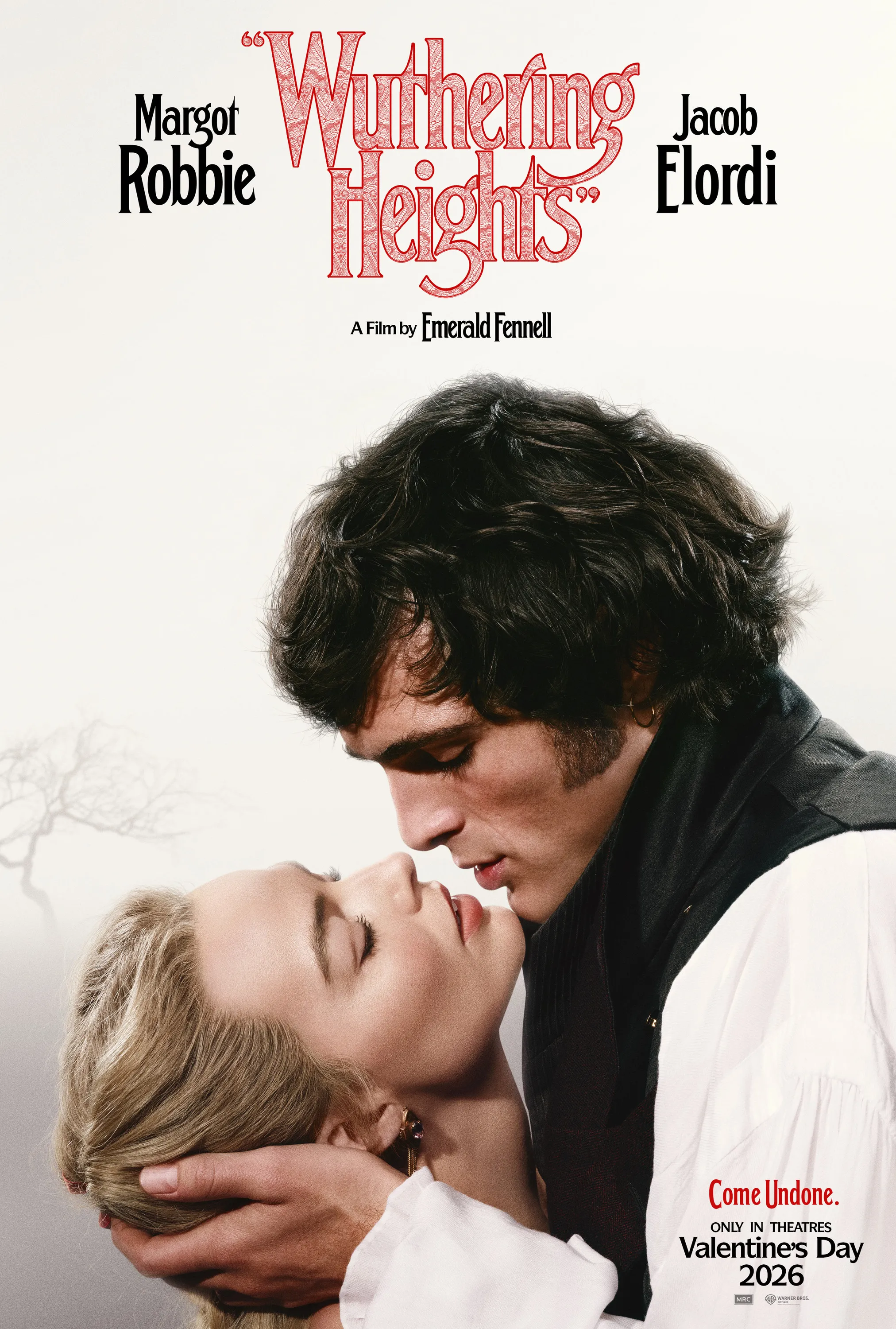 Promotional poster for the film adaptation of Wuthering Heights, featuring actors Margot Robbie and Jacob Elordi in a romantic embrace.