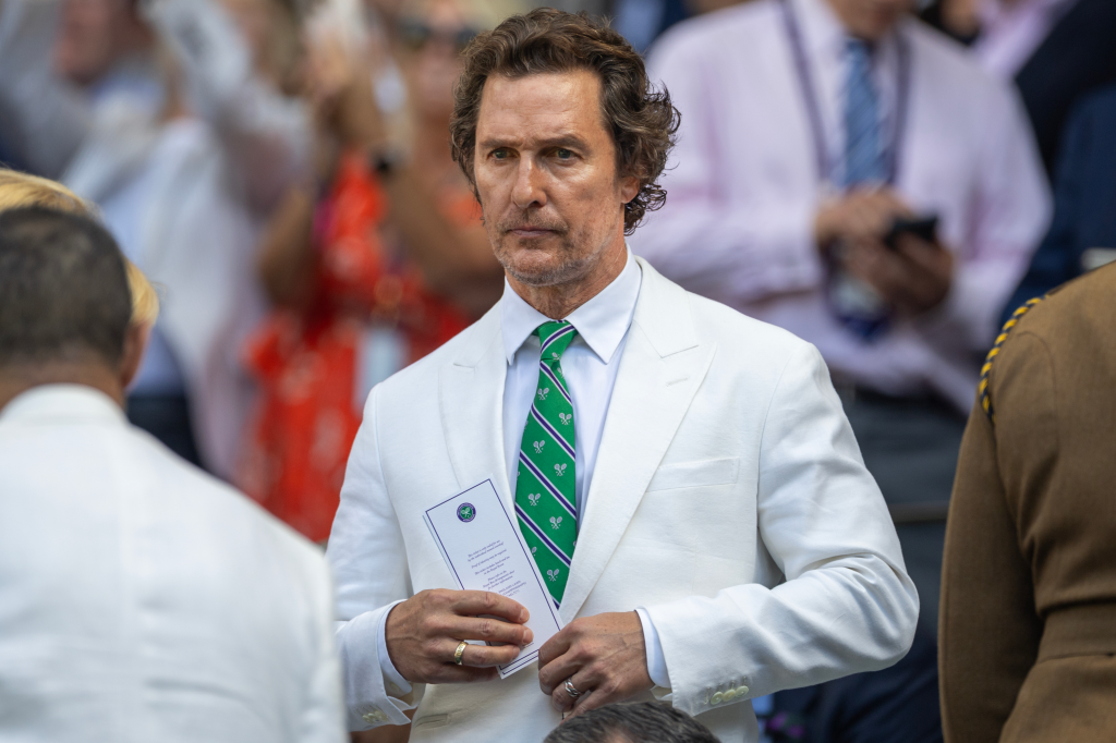 Matthew McConaughey in the Royal Box for the Gentlemen's Singles Final on Centre Court during the Wimbledon Lawn Tennis Championships at the All England Lawn Tennis and Croquet Club at Wimbledon on July 13th, 2025, in London, England. 