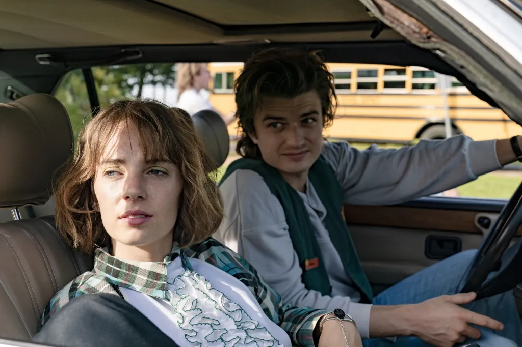 Maya Hawke and Joe Keery as Robin and Steve in Stranger Things.