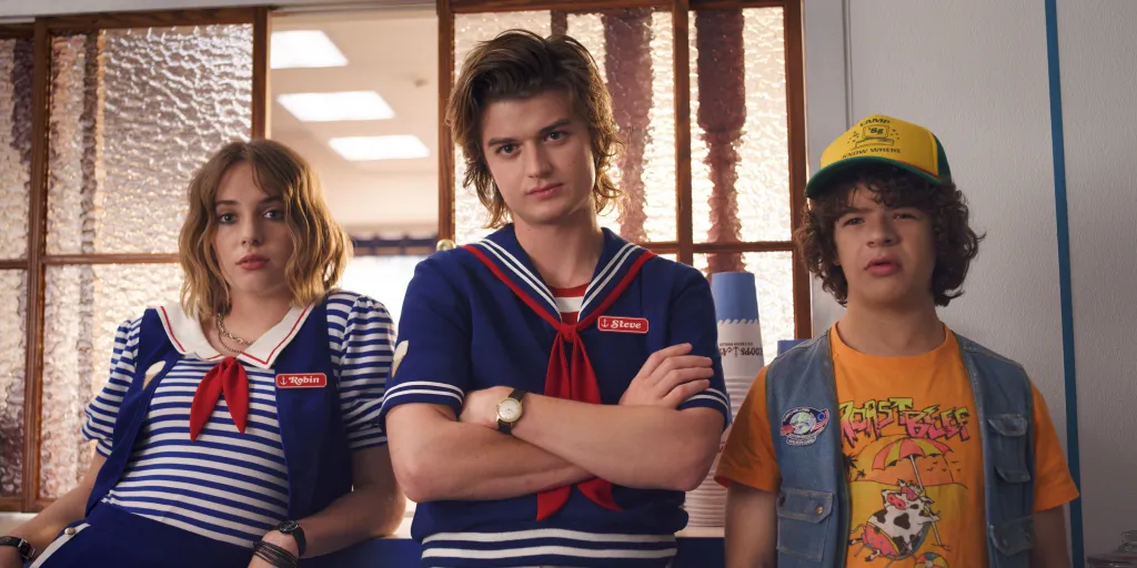 Maya Hawke, Joe Keery, and Gaten Matarazzo in Stranger Things Season 3.