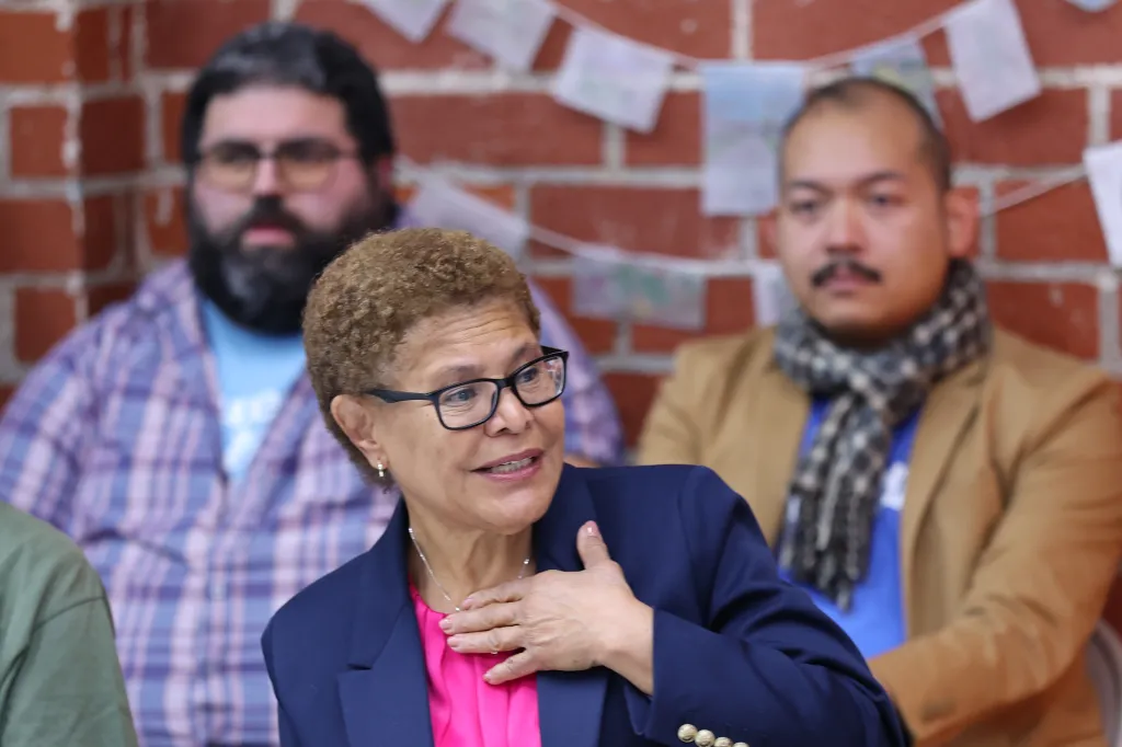 Mayor Karen Bass speaking at a roundtable discussion.