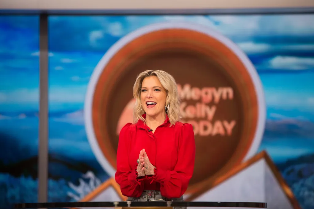 Megyn Kelly in a red shirt on the set of 