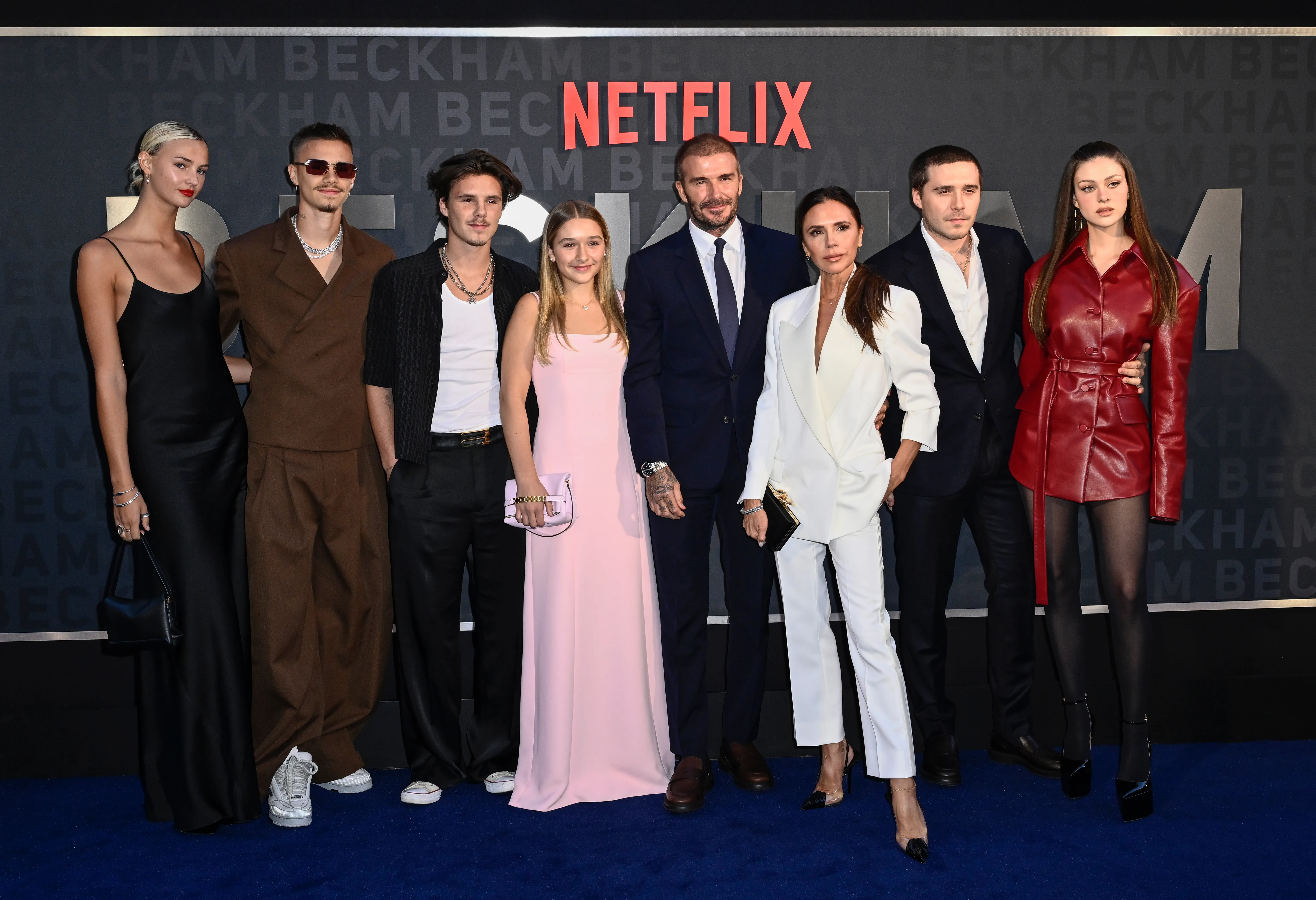 Mia Regan, Romeo Beckham, Cruz Beckham, Harper Beckham, David Beckham, Victoria Beckham, Brooklyn Peltz Beckham, and Nicola Peltz Beckham attend the Netflix 'Beckham' UK Premiere.