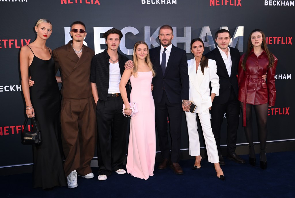 Mia Regan, Romeo Beckham, Cruz Beckham, Harper Beckham, David Beckham, Victoria Beckham, Brooklyn Beckham and Nicola Peltz attend the Netflix 'Beckham' UK Premiere at The Curzon Mayfair on October 03, 2023 in London