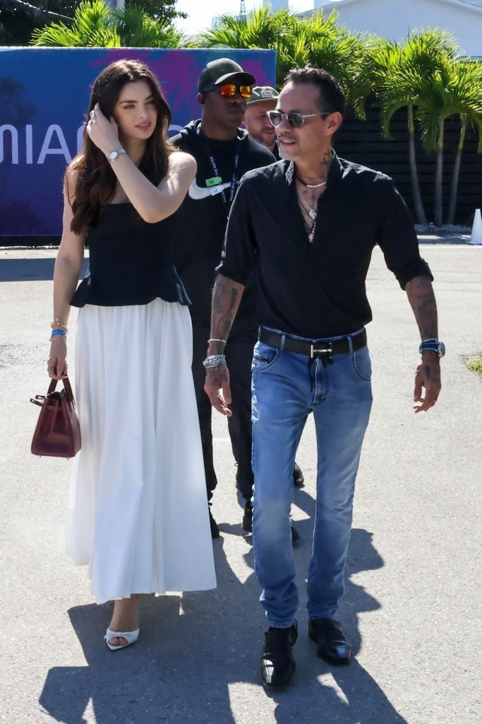 Marc Anthony and Nadia Ferrer arriving at the Electric Powerboat Racing event in Miami.
