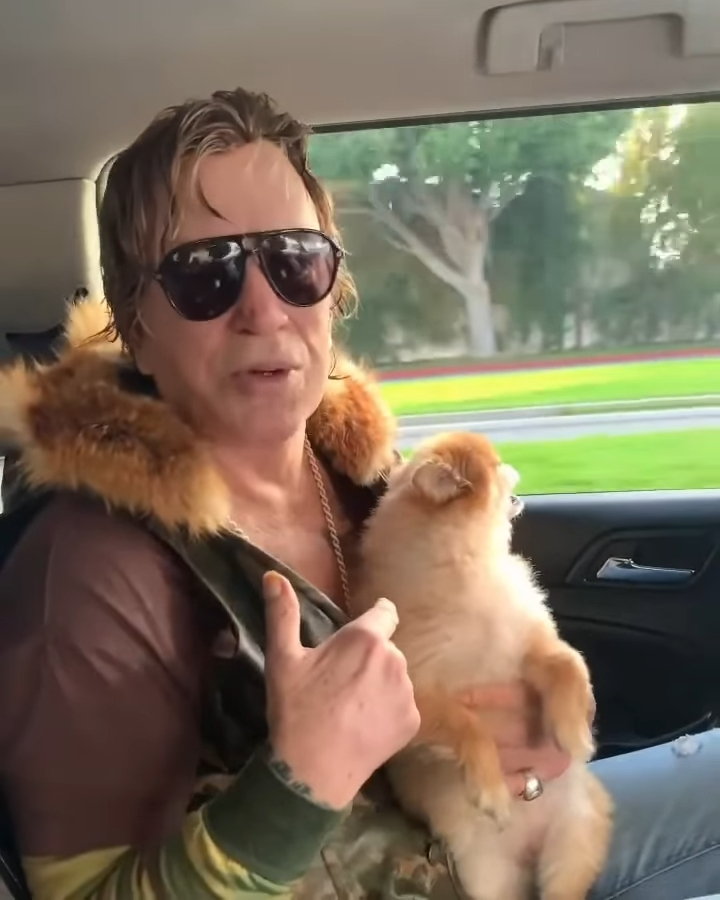 Mickey Rourke holding a small dog in a car.