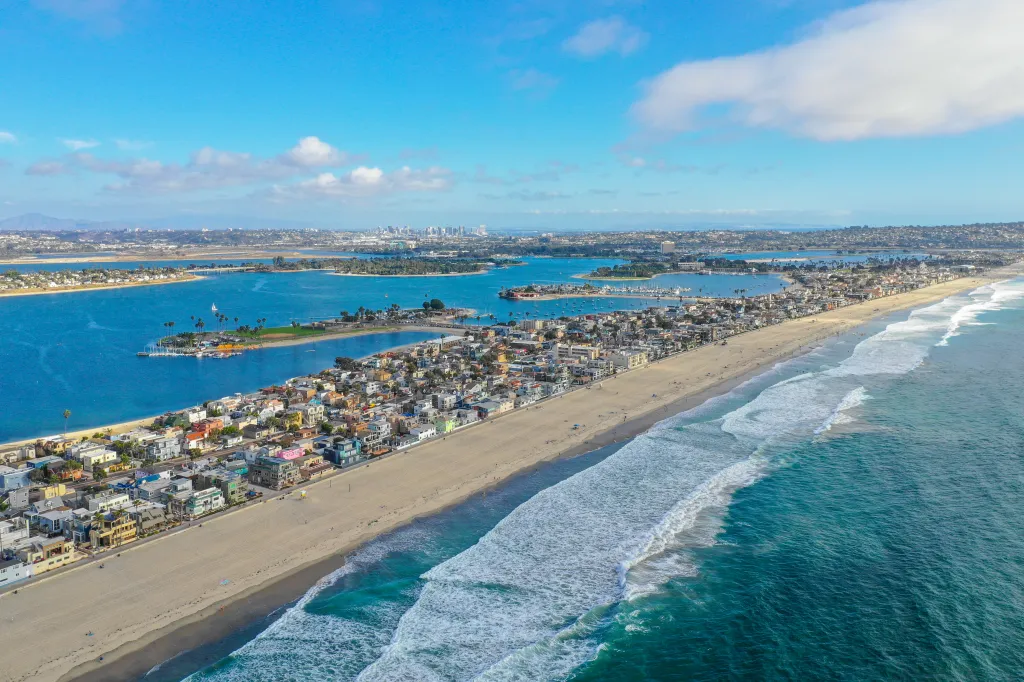 Aerial view of Mission Bay and Mission Beach in San Diego, California.