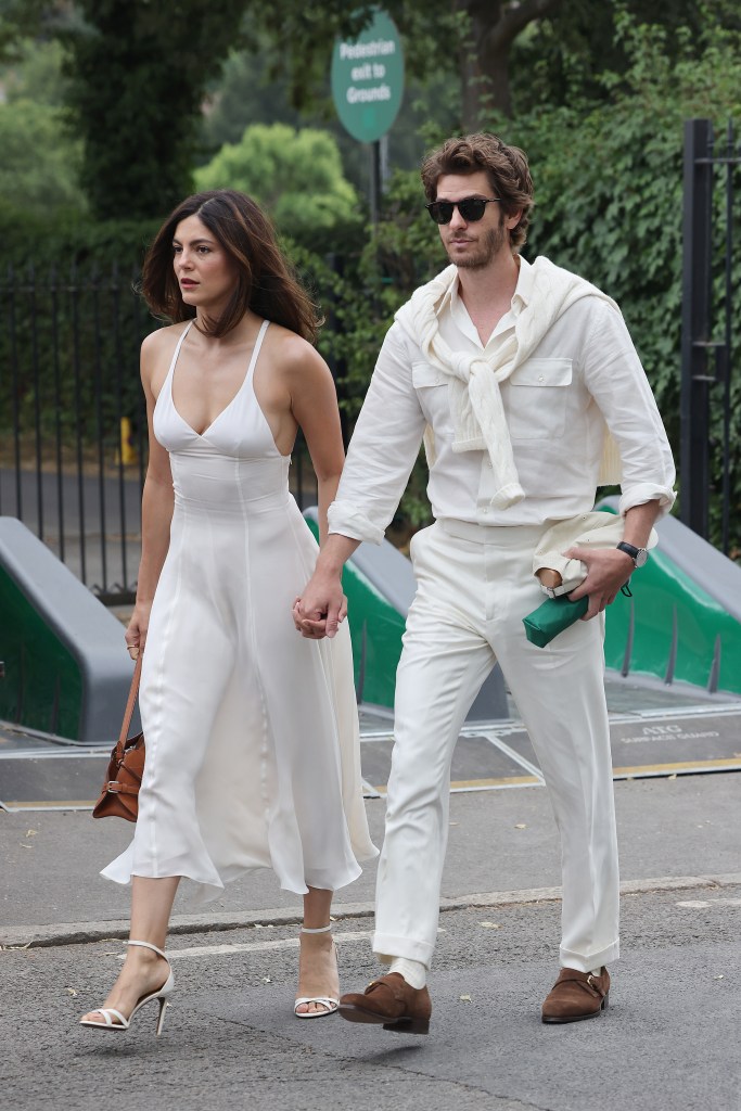 Monica Barbaro and Andrew Garfield arriving at the All England Lawn Tennis and Croquet Club.