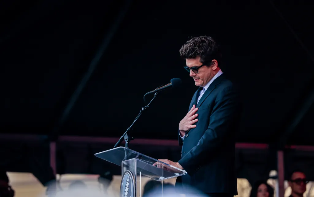 Musician John Mayer delivers remarks during a Bob Weir memorial in San Francisco on Saturday, Jan. 17, 2026.