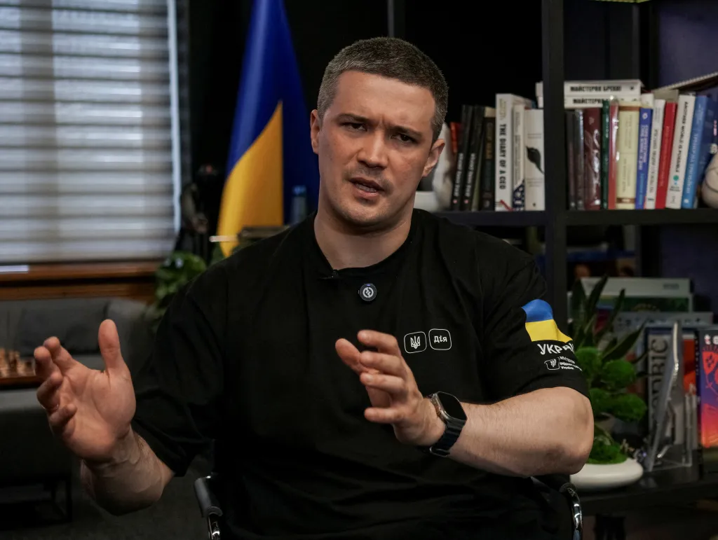Mykhailo Fedorov, Ukraine's First Deputy Prime Minister and Minister of Digital Transformation, speaking during an interview.
