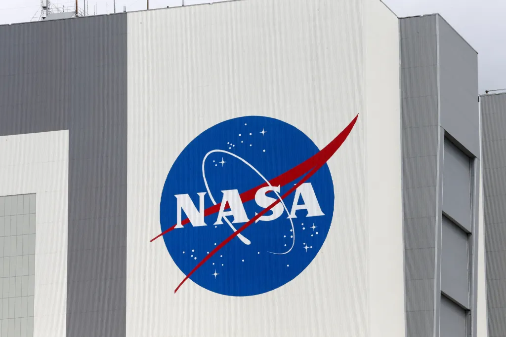 The NASA logo is seen at Kennedy Space Center.
