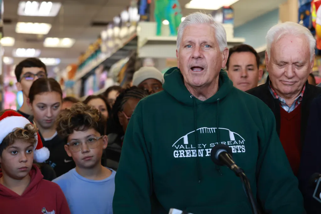 Nassau County Executive Bruce Blakeman speaks during a holiday shopping spree for homeless children.