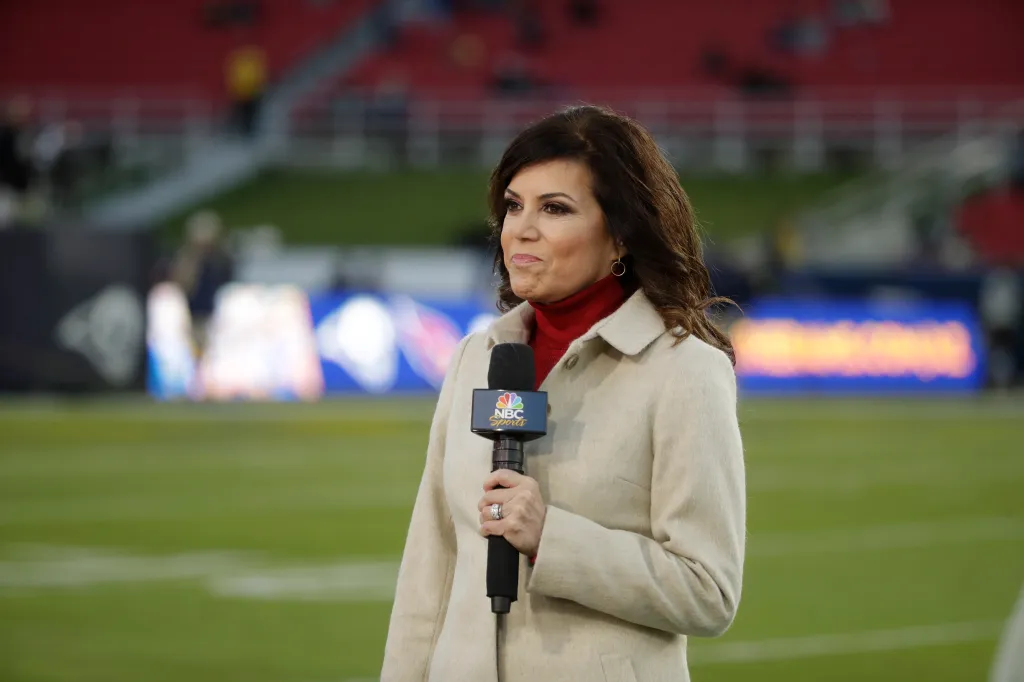 NBC reporter Michele Tafoya on the sideline before a game between the Los Angeles Rams and the Seattle Seahawks on Dec. 8, 2019.