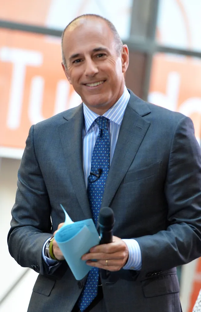 Matt Lauer, co-host of NBC's TODAY, smiles while holding a microphone and blue papers.