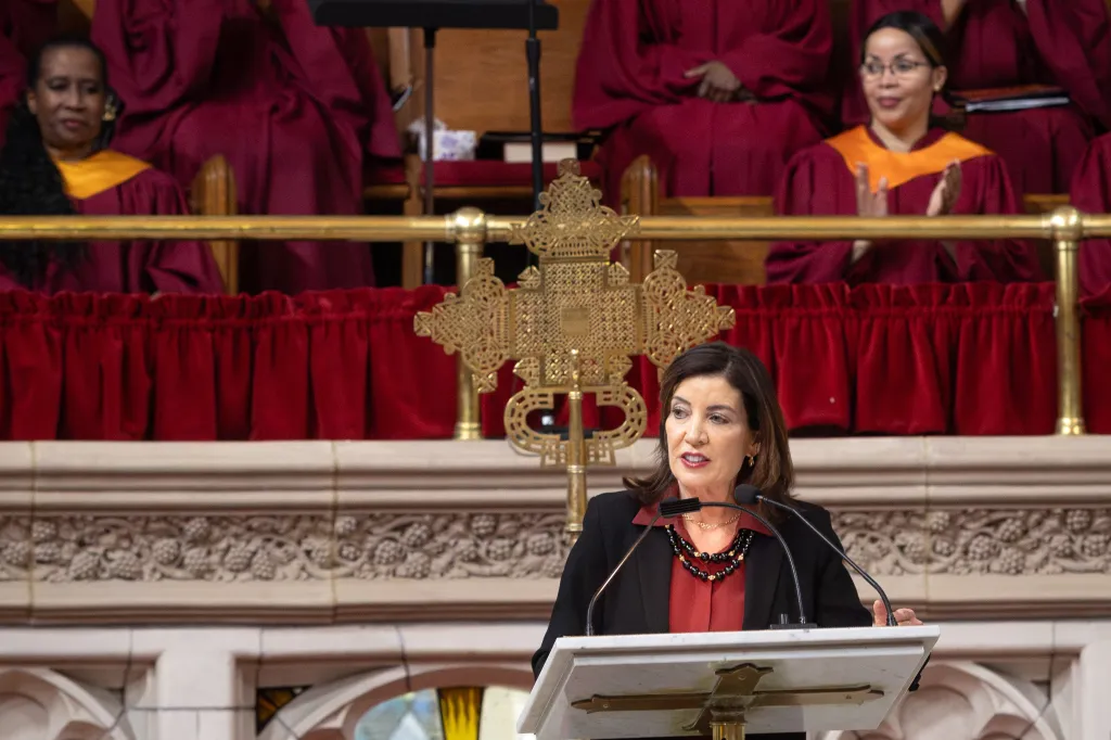 New York Gov. Kathy Hochul speaking at Abyssinian Baptist Church.