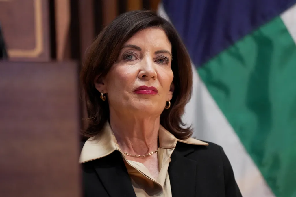 New York Governor Kathy Hochul attends a press conference.