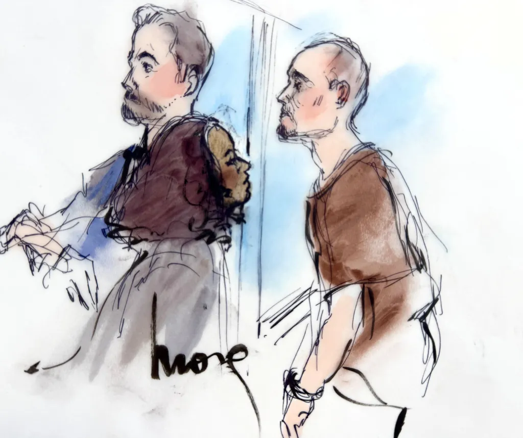 Illustration of Nick Reiner in court, facing murder charges, next to his lawyer.