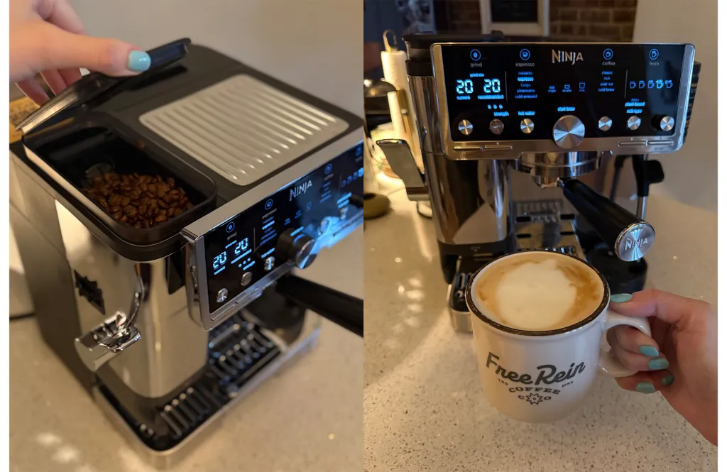 Collage of a Ninja coffee maker with coffee beans in the hopper, and a hand holding a mug of latte with 