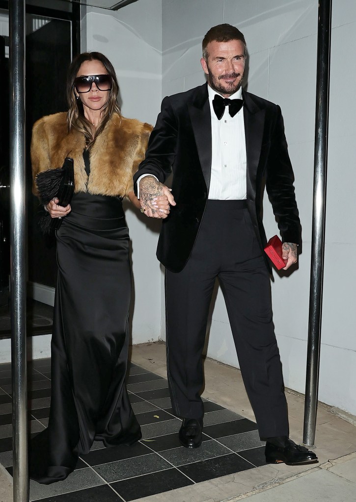 David Beckham, in a black tuxedo, Victoria Beckham in a black gown and fur wrap and sunglasses.