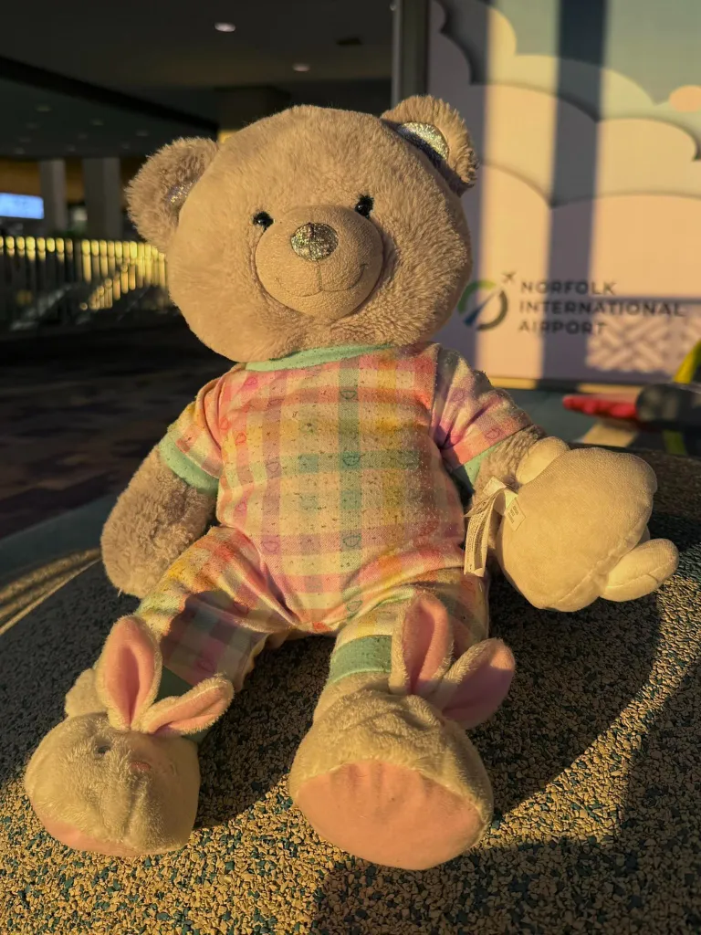 Lost gray teddy bear at Norfolk International Airport in Virginia wearing a plaid pastel pajama and bunny slippers.