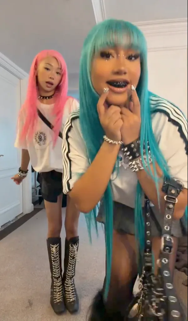 North West, 12, shows off new bridge piercing, blackened teeth and a 106-carat diamond pendant in a TikTok video.