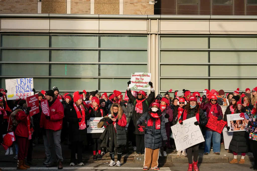 Nurses on strike outside New York-Presbyterian Hospital.