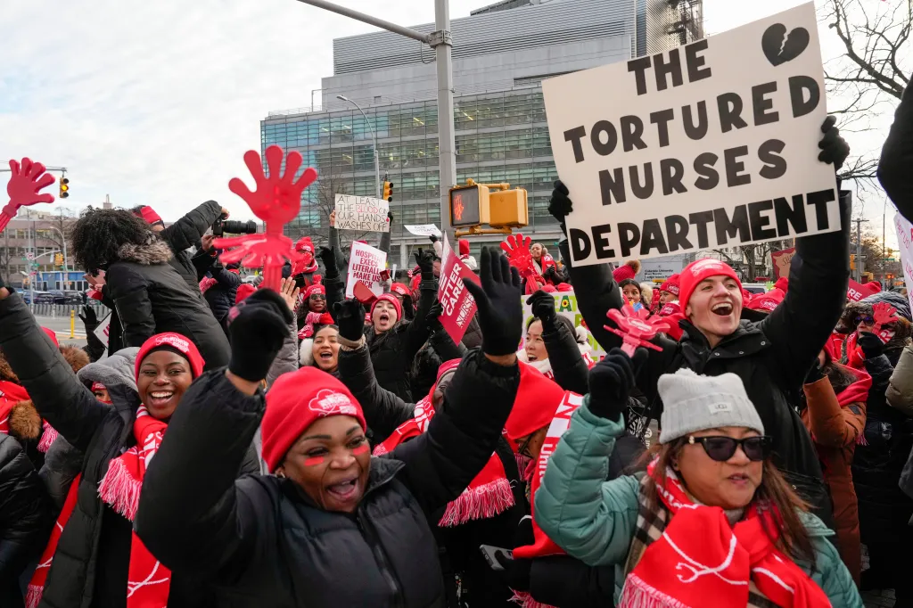 Nurses striking outside New York-Presbyterian Hospital.