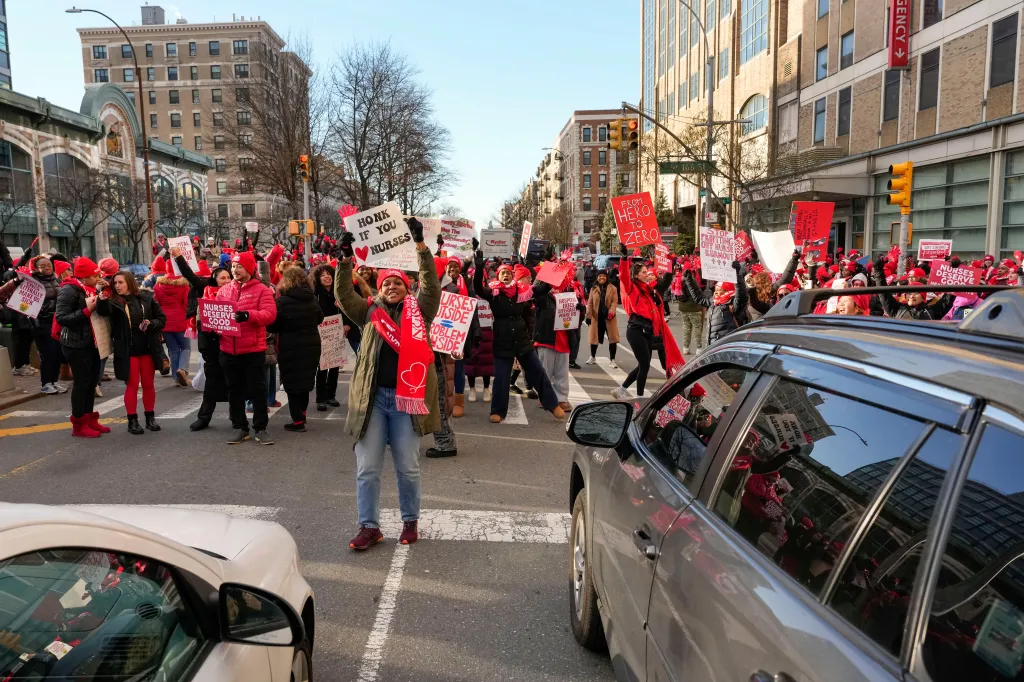 Nurses on strike outside New York-Presbyterian Hospital.
