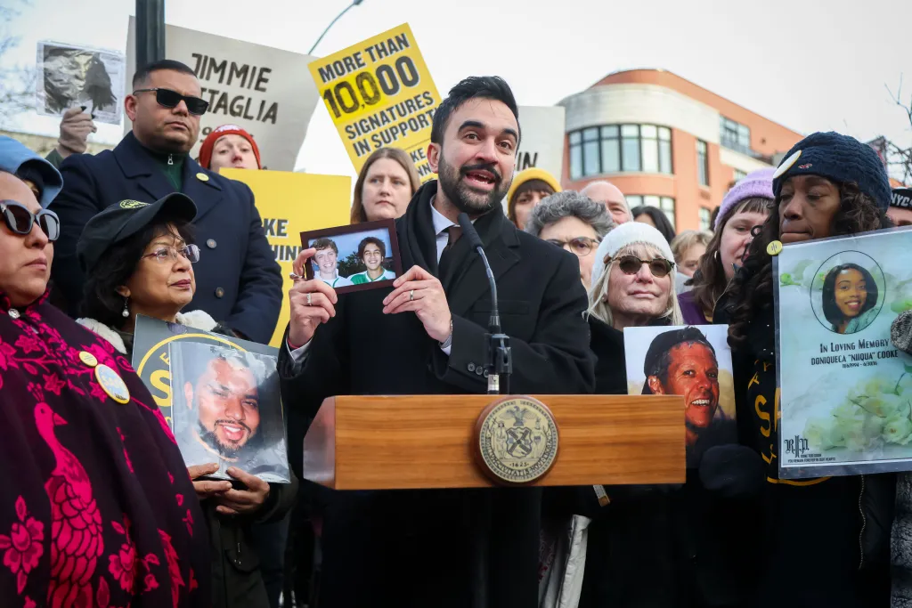 NYC Mayor Zohran Mamdani with family members of victims of road fatalities during a press conference announcing plans to finish McGuinness Boulevard redevelopment plan on Saturday, January 3, 2026 in New York City. 