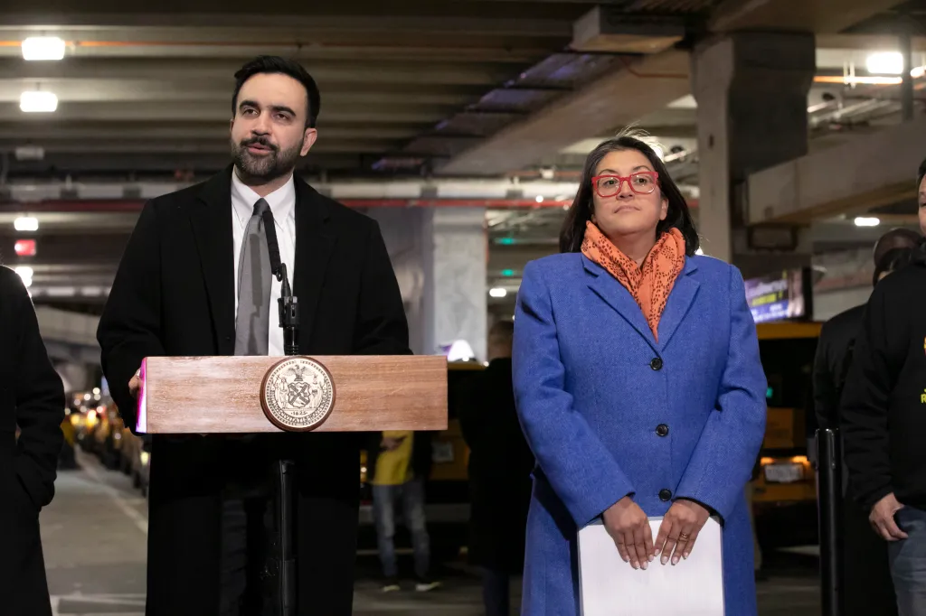 NYC Mayor Zohran Mamdani and Midori Valdvia at a press conference.