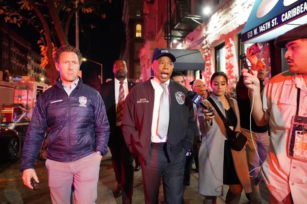NYC Mayor Eric Adams and OEM Commissioner Zach Iscol visit the site of a five-alarm fire.