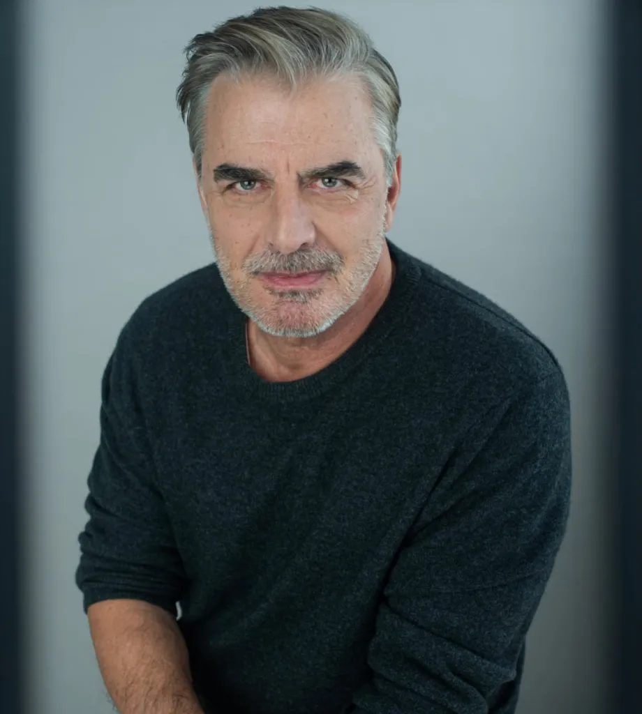Actor Chris Noth with gray hair and beard, wearing a dark sweater.