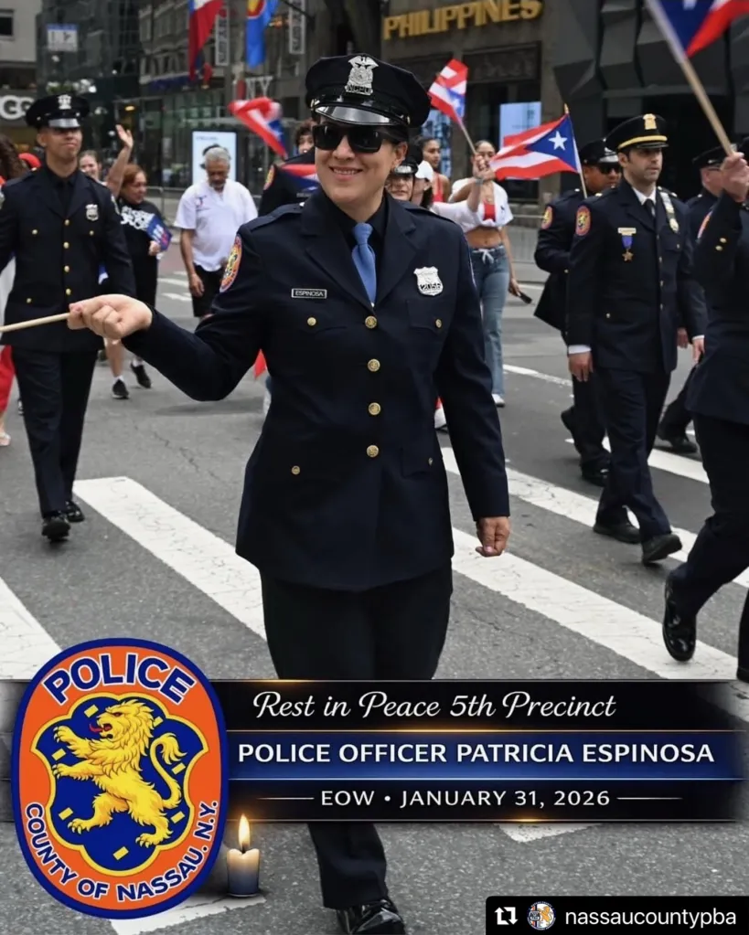Collage of Officer Patricia Espinosa in uniform and a memorial banner with the Nassau County Police logo.
