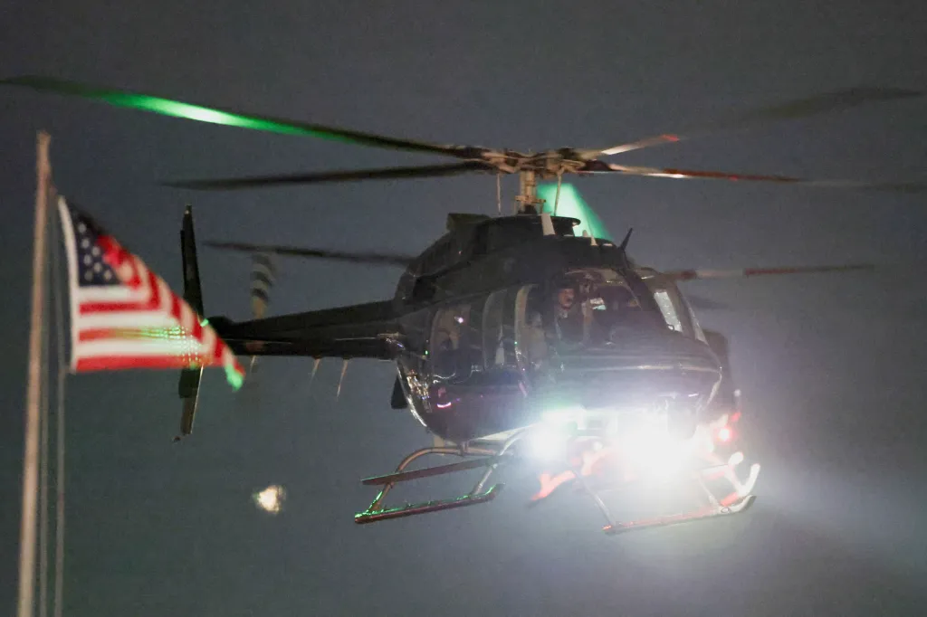 A helicopter carrying Venezuela's President Nicolas Maduro and his wife Cilia Flores arrives in custody at the Westside Heliport in New York City.