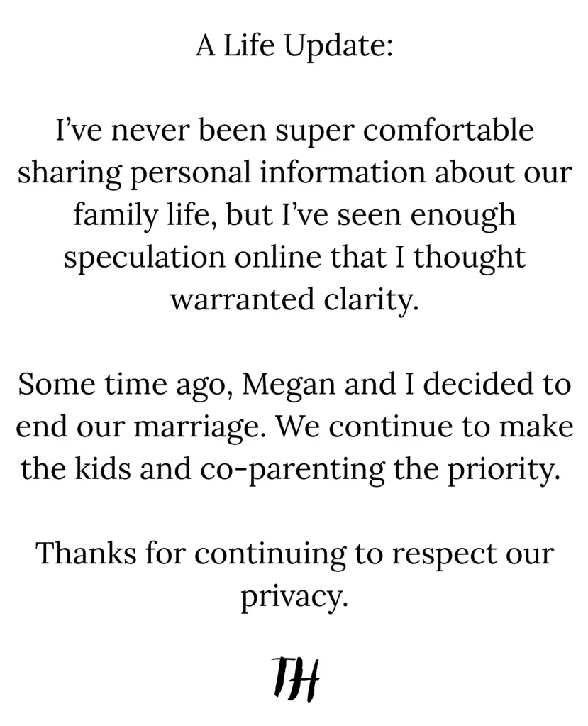 Tyler Hilton's personal statement announcing his divorce from Megan Park.