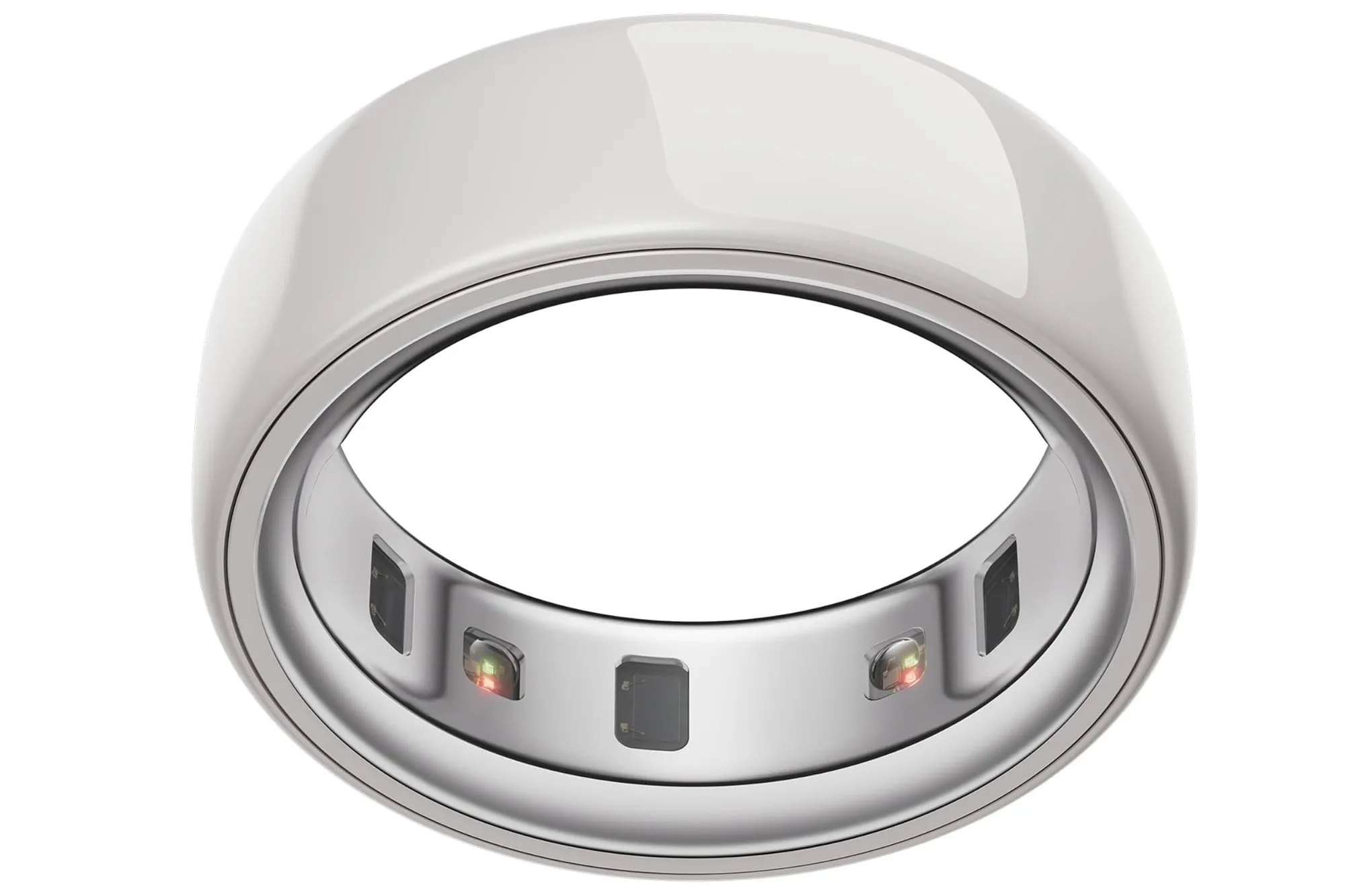 An Oura smart ring in silver, with small sensors visible on the inside.
