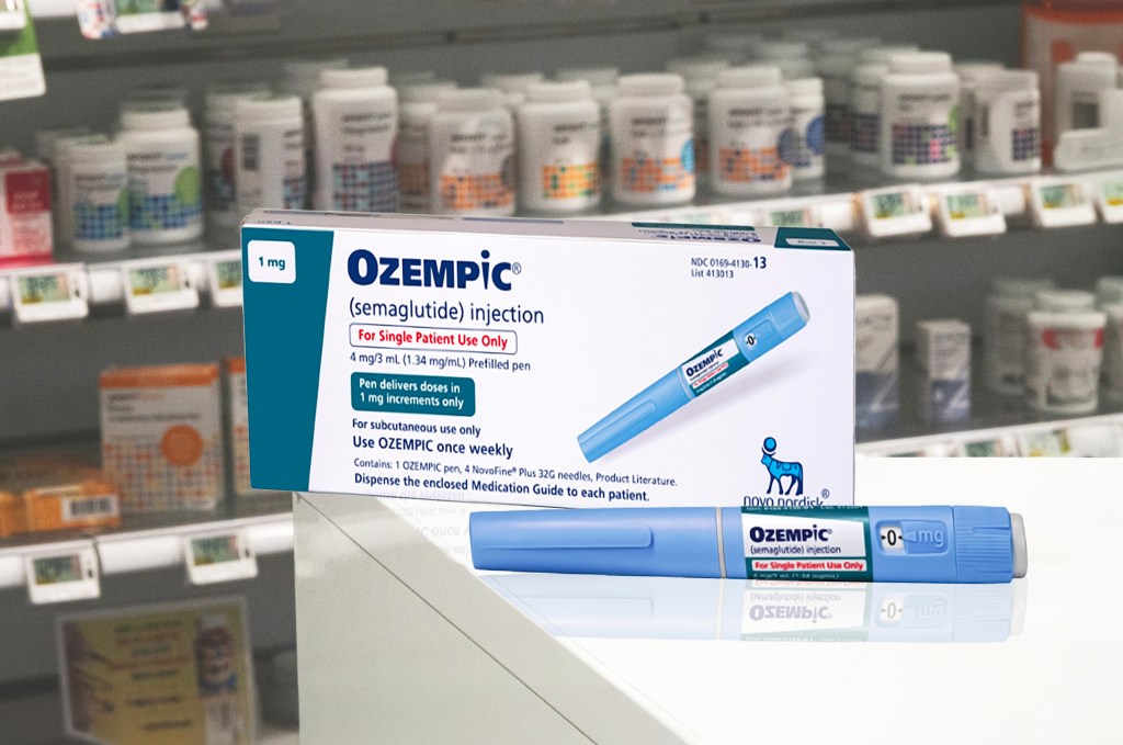 Ozempic (semaglutide) injection box and pen for diabetes in a pharmacy setting.